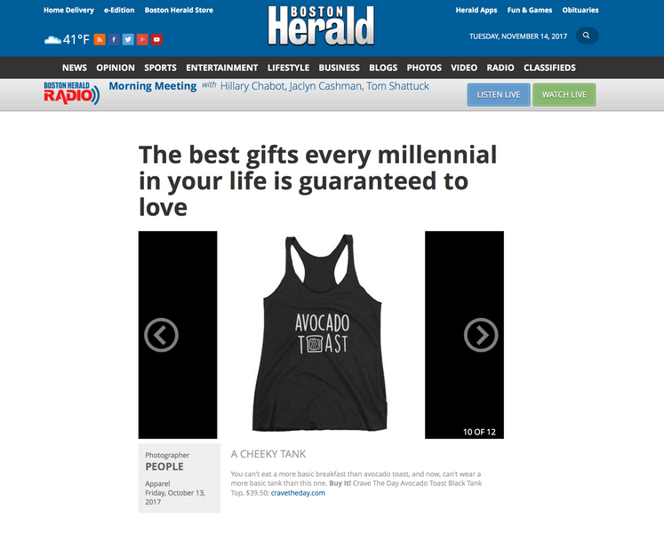 Crave the Day Featured in Boston Herald: Avocado Toast Tank Top